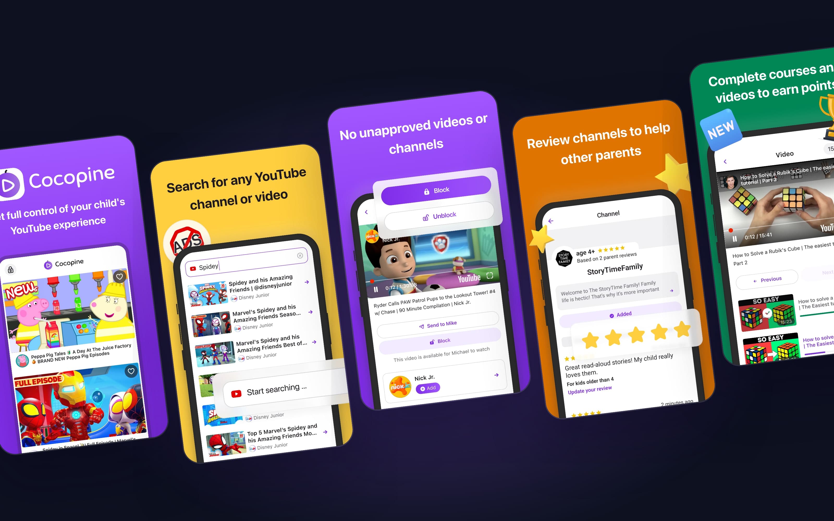 Cocopine app screens: YouTube parental control
