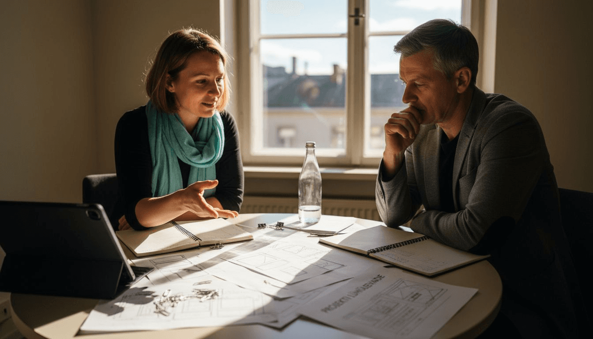 Designer discussing new website solutions and ideas with client.